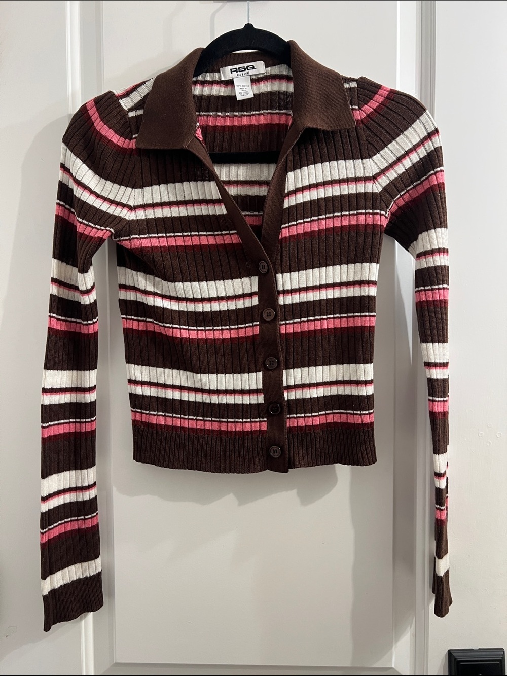 RSQ Brown, White & Pink Striped Ribbed Button-Up Cardigan